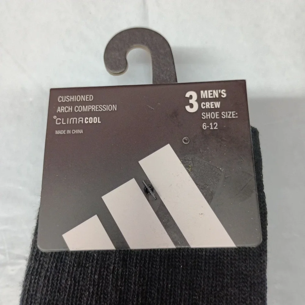 adidas Men's Black Cushioned 3-Pack Crew Socks Size 6-12 Arch Compression‎